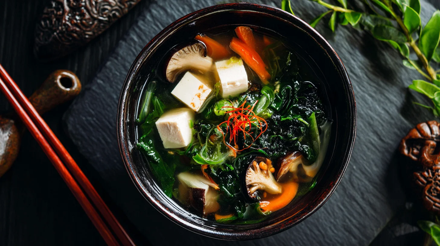Miso soup recipe variation with mushrooms, carrots, tofu, wakame, and spinach in a ceramic bowl