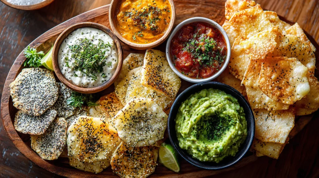 Cottage cheese chips recipe with assorted seasonings and dips