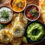 Cottage cheese chips recipe with assorted seasonings and dips