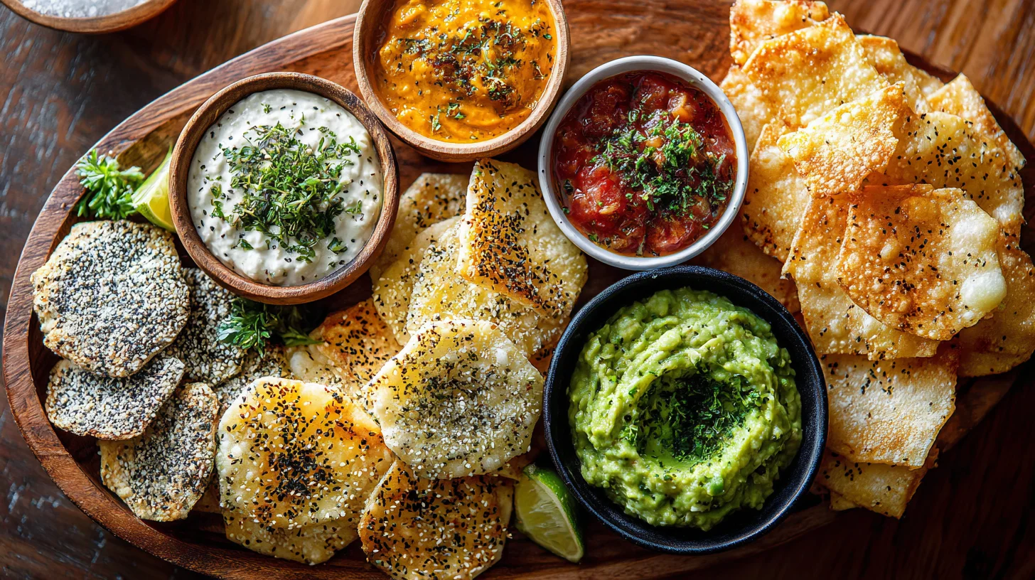 Cottage cheese chips recipe with assorted seasonings and dips