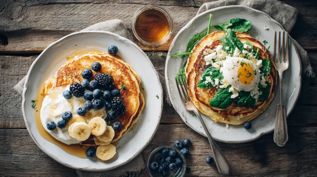 Plates of sweet and savory pancake topping ideas for Millville Protein Pancake Mix