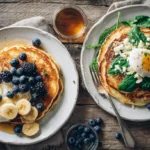 Plates of sweet and savory pancake topping ideas for Millville Protein Pancake Mix