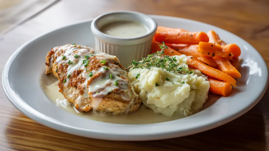 Dinner plate with baked ranch chicken, mashed potatoes, and veggies