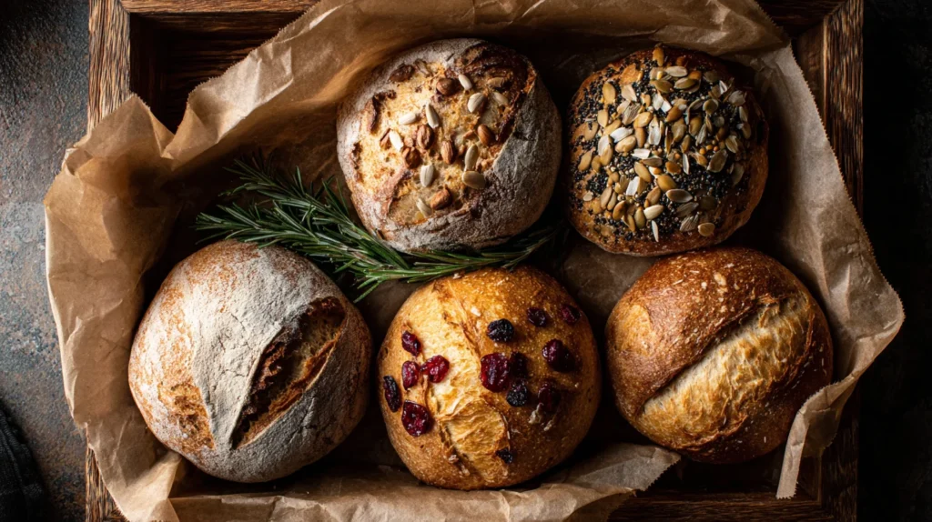 Different gluten-free sourdough bread loaves with herbs, seeds, and fruits