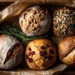 Different gluten-free sourdough bread loaves with herbs, seeds, and fruits