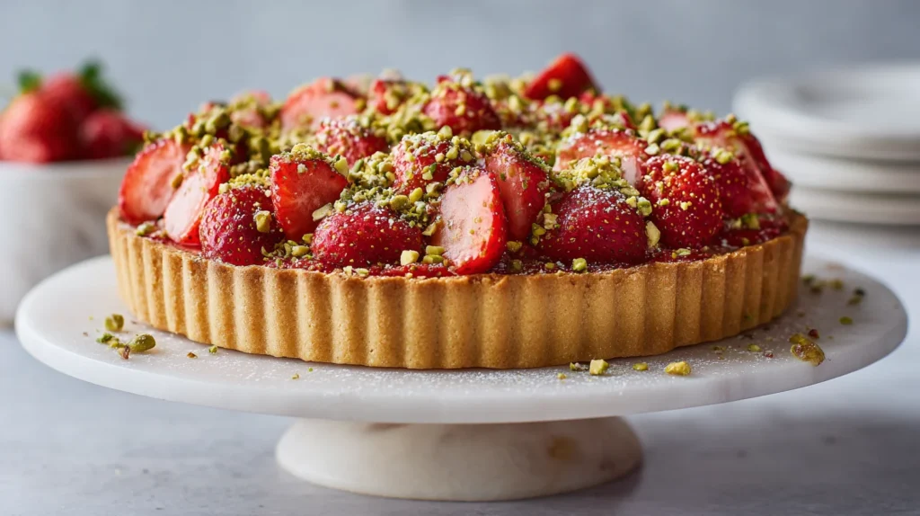 Finished tart decorated with strawberries and pistachios