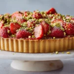 Finished tart decorated with strawberries and pistachios