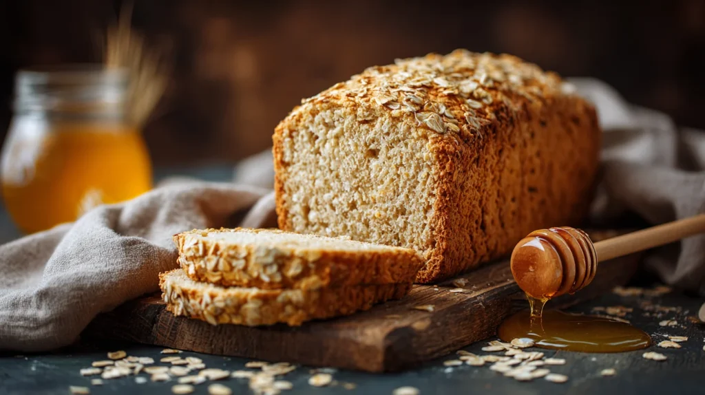 Freshly baked gluten-free honey oat bread sliced on wooden board