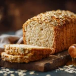 Freshly baked gluten-free honey oat bread sliced on wooden board