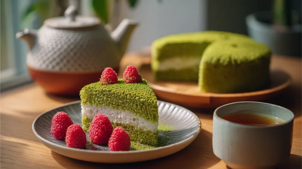 Matcha white chocolate mochi cake served with tea and berries