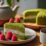 Matcha white chocolate mochi cake served with tea and berries