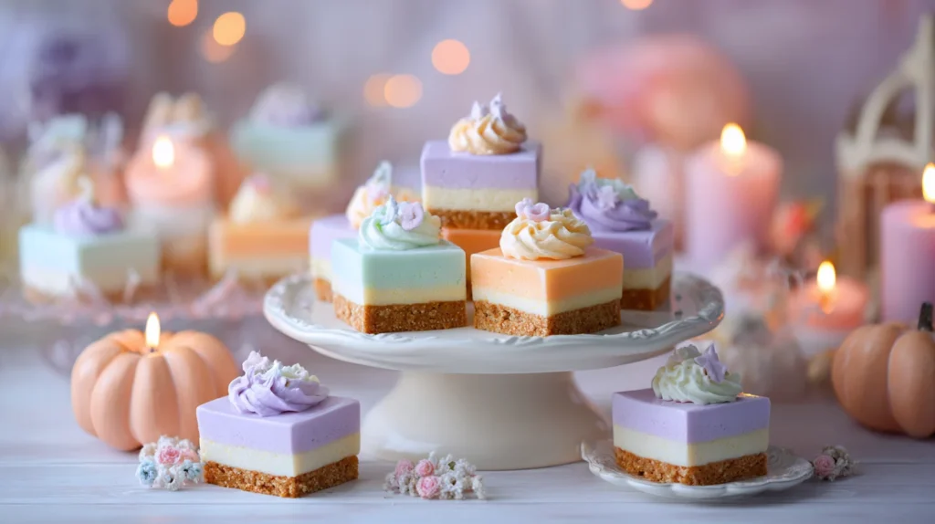 Serving pastel Halloween cheesecake bites at a party