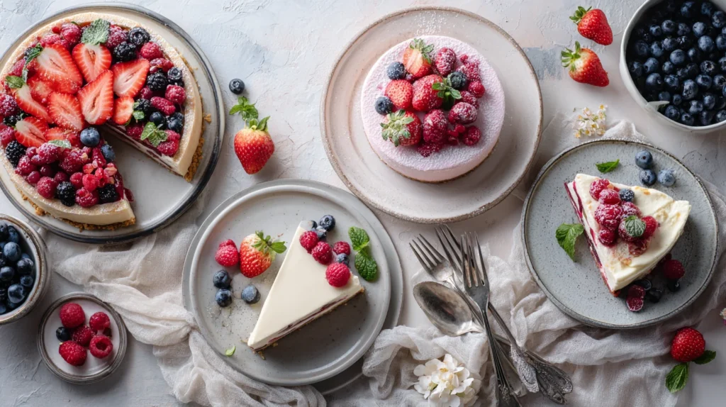 A colorful display of the best berry desserts including tarts, cheesecakes, and crumbles on a rustic table