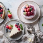 A colorful display of the best berry desserts including tarts, cheesecakes, and crumbles on a rustic table